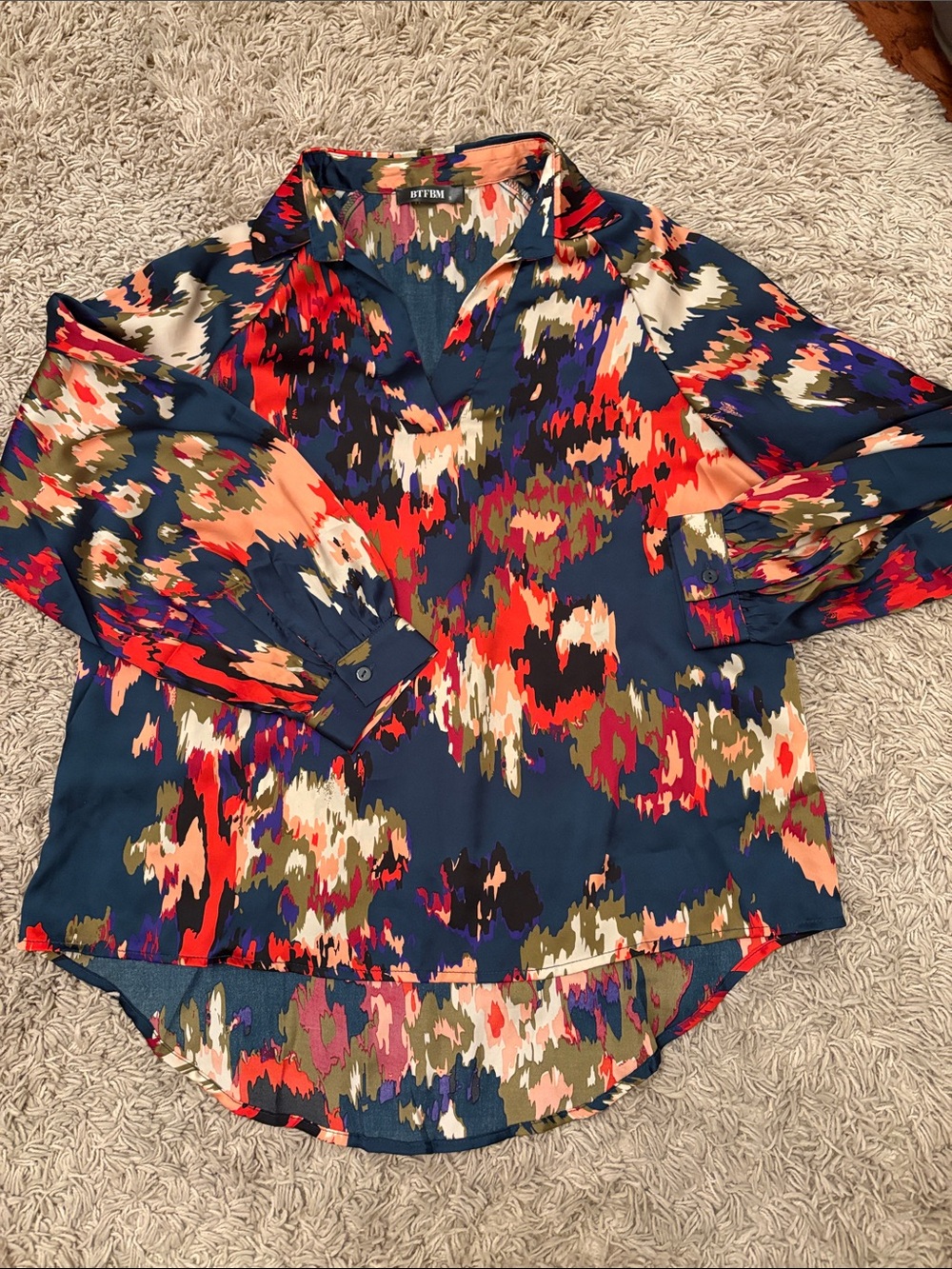 Navy/green Multicolor Abstract Print V-Neck Blouse